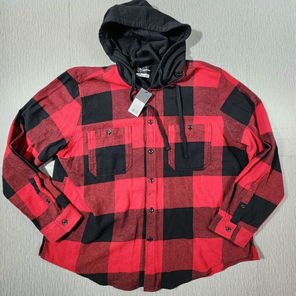 Original Use Men's Checked Plaid Hooded Button-Down Flannel XXL